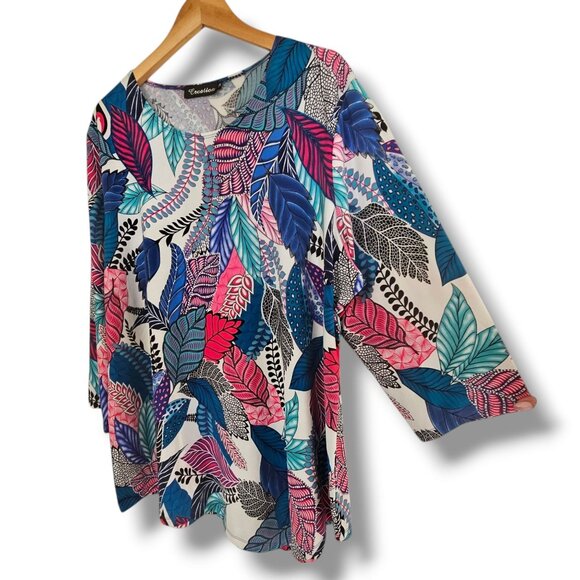 Creation Tunic Top Size 2X Asymmetrical 3/4 Sleeves Vibrant Colorful Leaf Design - Picture 4 of 10